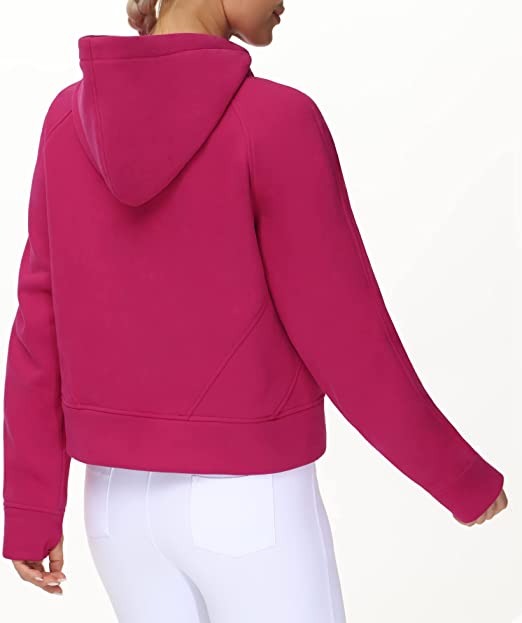 Damen-Kapuzenpullis mit halbem Reißverschluss, Langarm, Fleece, Crop-Pullover, Sweatshirts mit Taschen, Daumenloch