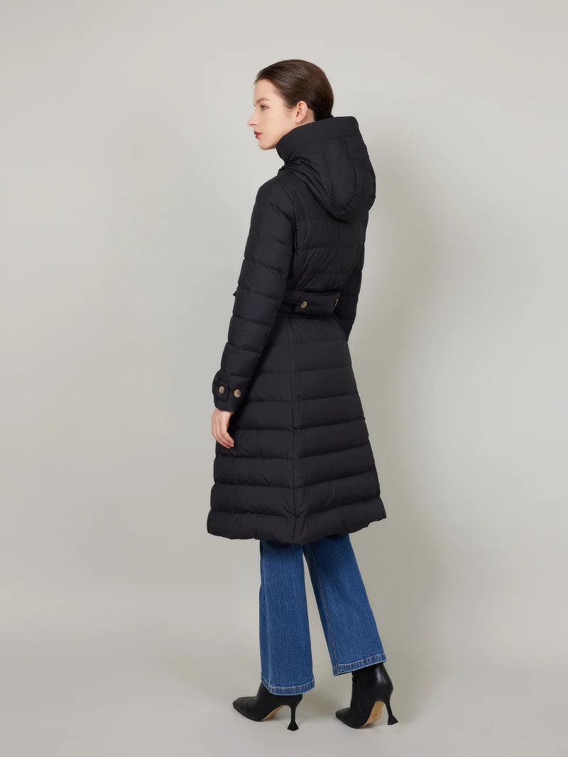 ASSUAL  Quilted Hooded Long Down Coat With Belt