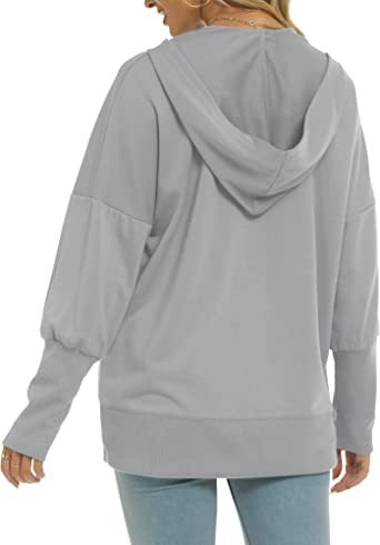 Funlingo Damen Oversized Hoodie Sweatshirt Lässiger Knopf V-Ausschnitt Pullover Langarm Kapuzenoberteile mit Taschen