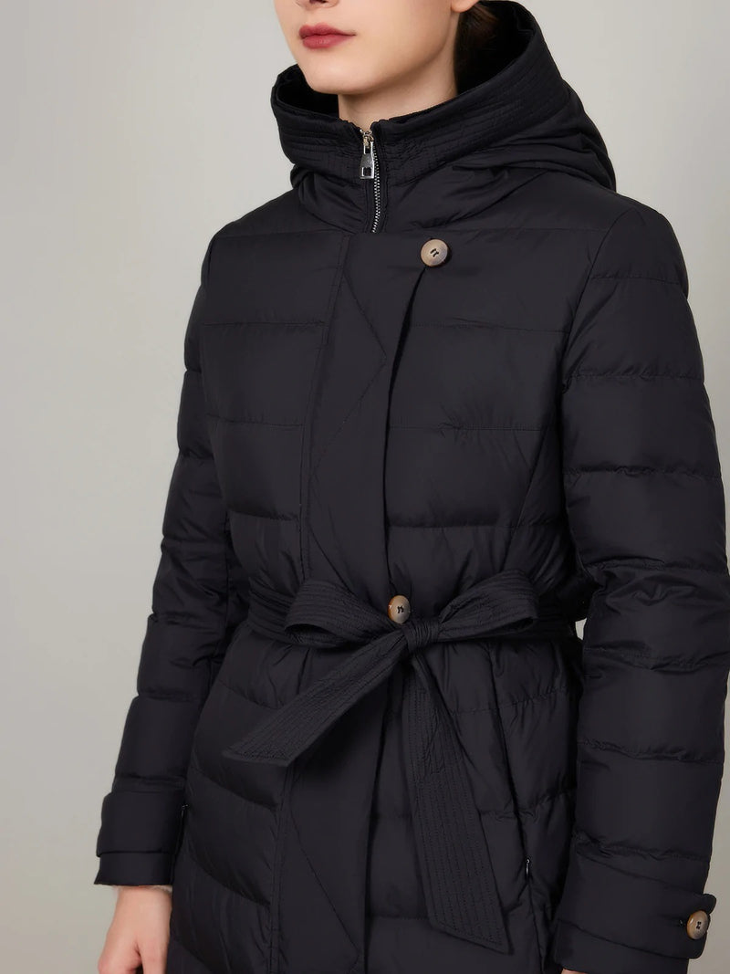 ASSUAL  Quilted Hooded Long Down Coat With Belt