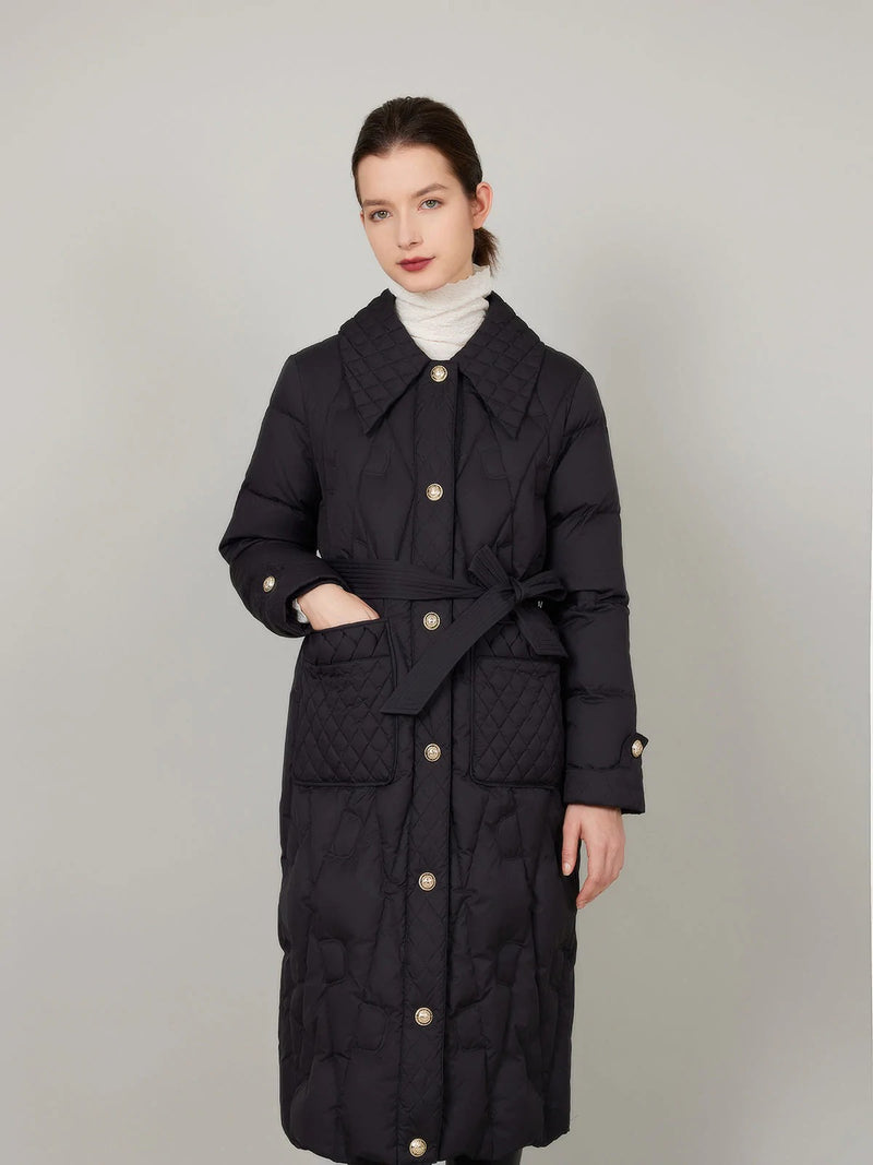 ASSUAL | Quilted Patch Pocket Long Down Jacket With Belt