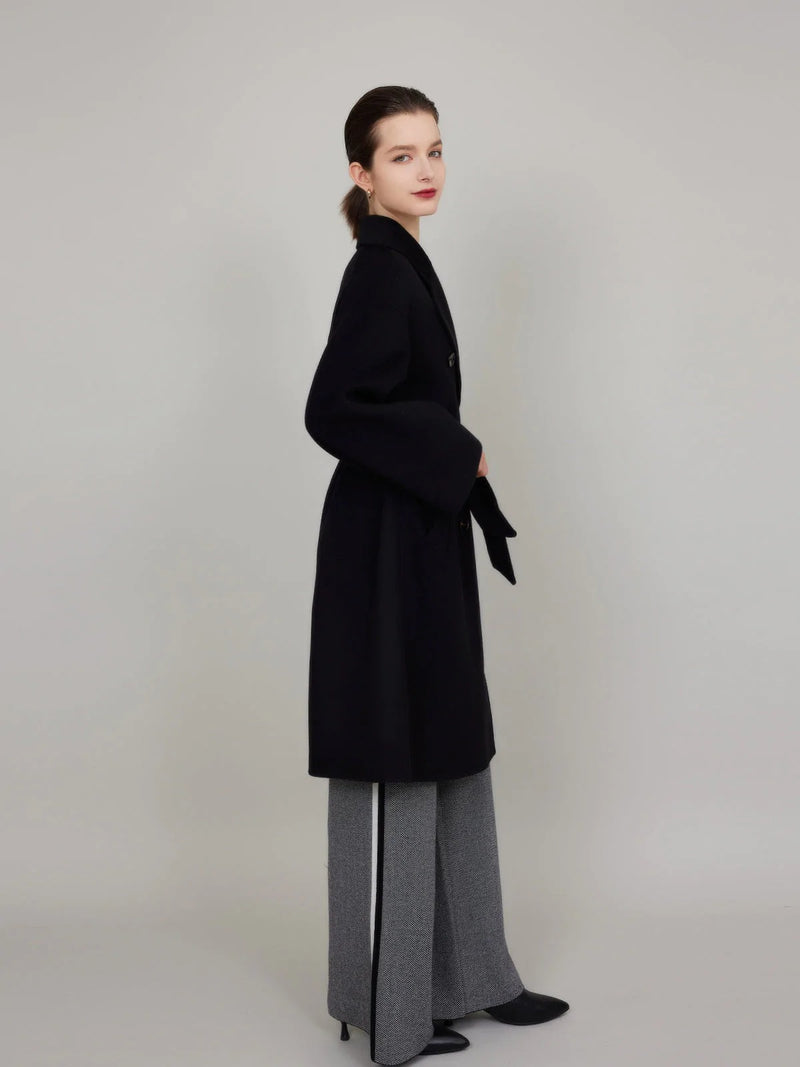 ASSUAL  Double Breasted Lapels Wool Pockets Overcoat With Belt