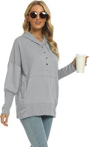 Funlingo Womens Oversized Hoodie Sweatshirt Casual Button V Neck Pullover Long Sleeve Hooded Tops With Pockets