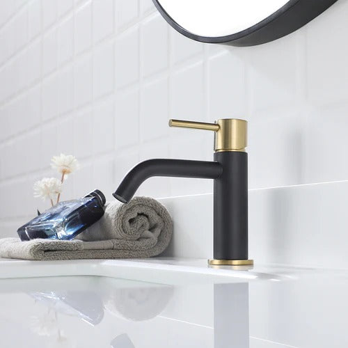 EZANDA Brass Single Handle Bathroom Faucet with Pop-up Sink Drain Assembly & Faucet Supply Lines, Matte Black with Brushed Gold