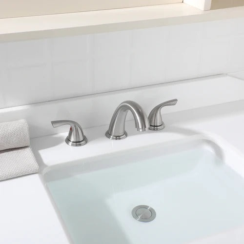 PARLOS Weit verbreiteter Zwei-Griff-Badezimmerarmatur mit Metall-Pop-Up-Ablauf und cUPC-Wasserhahn-Zuleitungen, Nickel gebürstet
