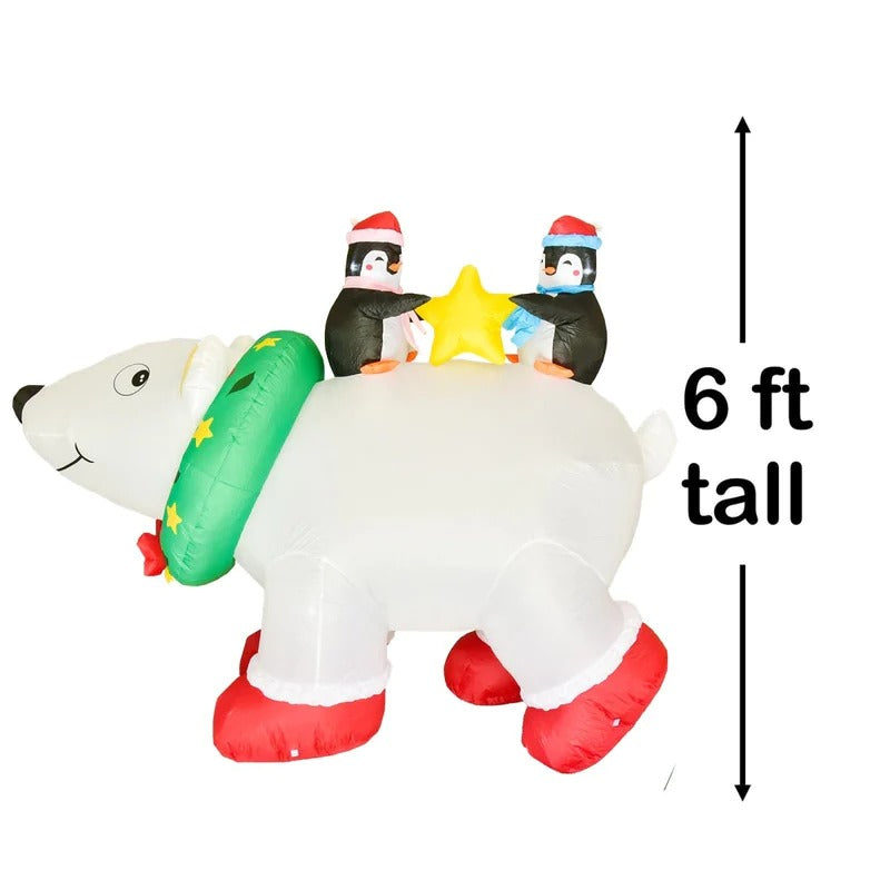 Oso polar inflable navideño de 6 pies con pingüinos