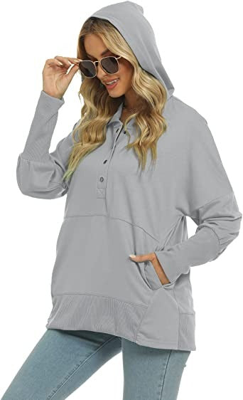 Funlingo Womens Oversized Hoodie Sweatshirt Casual Button V Neck Pullover Long Sleeve Hooded Tops With Pockets