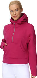 Damen-Kapuzenpullis mit halbem Reißverschluss, Langarm, Fleece, Crop-Pullover, Sweatshirts mit Taschen, Daumenloch