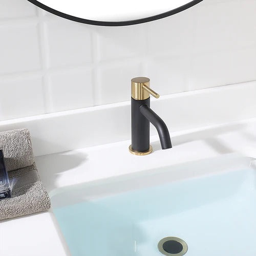 EZANDA Einhand-Badezimmerarmatur aus Messing mit aufklappbarem Waschbeckenablauf und Wasserhahn-Zuleitungen, mattschwarz mit gebürstetem Gold
