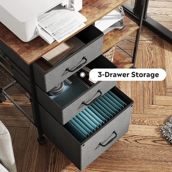 Mobiler Aktenschrank/Druckerständer aus Stoff mit 3 Schubladen und Regal | DEVAISE