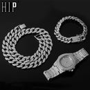 Necklace +Watch+Bracelet Hip Hop Miami Curb Cuban Chain Gold Color Iced Out Paved Rhinestones CZ Bling Rapper For Men Jewelry