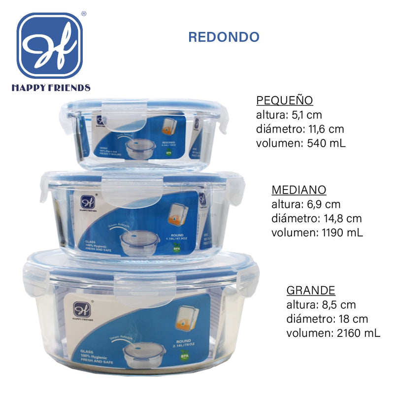 Set 3 Pieces Leak Proof Glass Meal Prep Container for Microwave Oven Dishwasher and Fridge, Small Medium &amp; Large, Round Square &amp; Rectangle Happyfriends