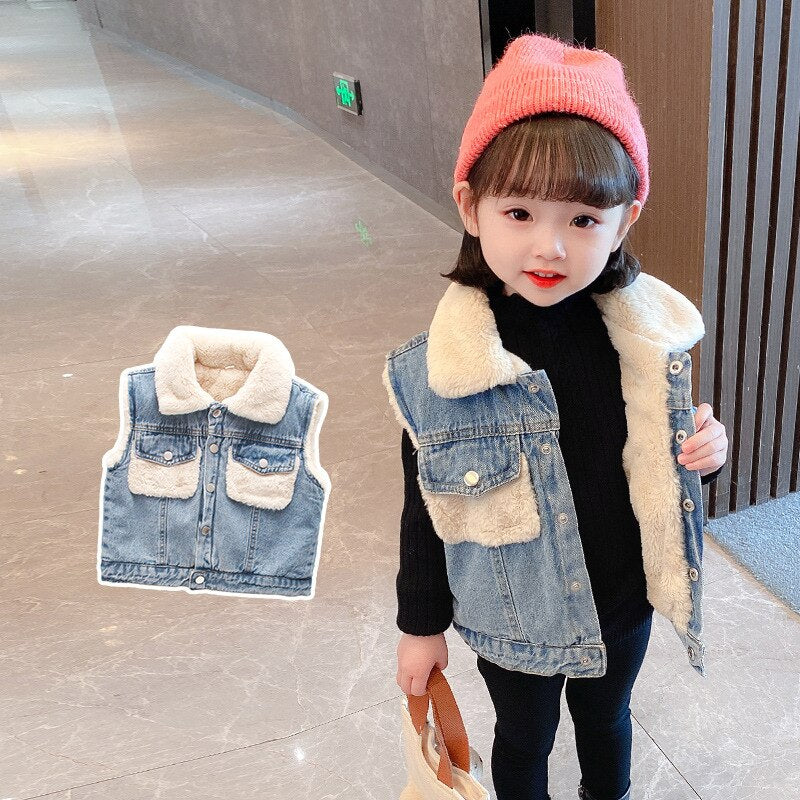 New Fashion Denim Child Waistcoat Winter Coats Warm Fleece Baby Girls Boys Vest Kids Outfits Children Outerwear For 70-140cm