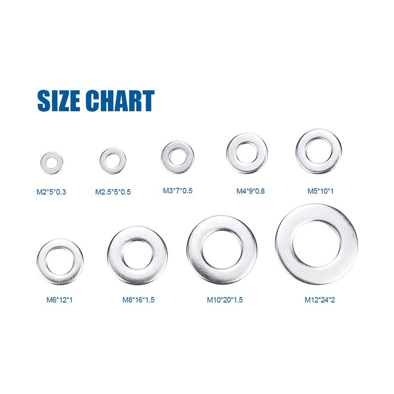 620/1010pcs Flat Washer Set Stainless Steel M2 M3 M4 M5 M6 M8 M10 M12 Ring Gasket Set Plain Washers Metal Washer Assortment Kit