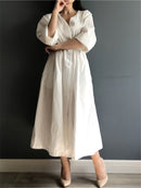 Colorfaith New 2022 Lace Up Oversized High Waist Pleated Dress Women Spring Summer Elegant Chic V-Neck Long White Dresses DR1086