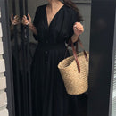 Colorfaith New 2022 Lace Up Oversized High Waist Pleated Dress Women Spring Summer Elegant Chic V-Neck Long White Dresses DR1086