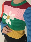 InstaHot Striped Rain Bow Knitted Sweater Women 2018 Autumn Flower O Neck Elastic Stretchy Sweater Cotton Tops Multicolor Winter