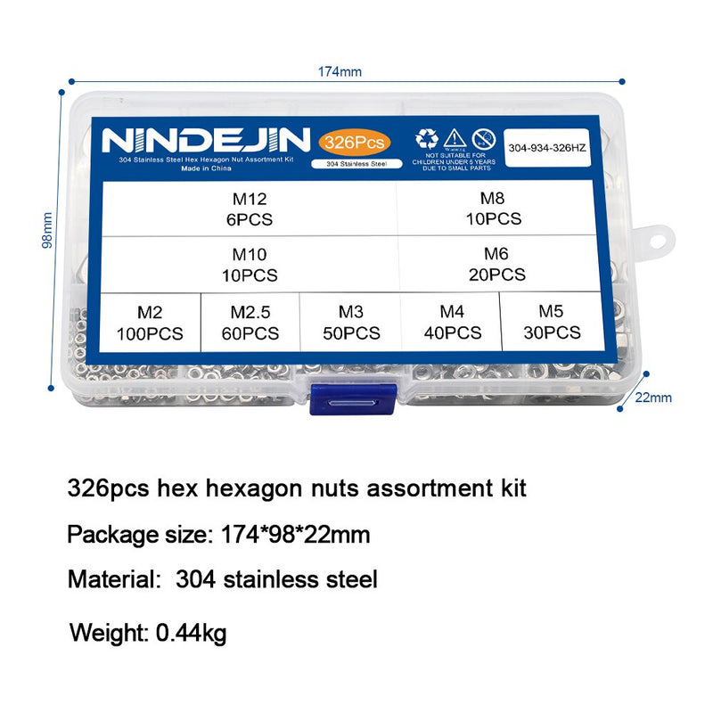 NINDEJIN 326pcs Hex Hexagon Nuts Assortment Kit M2 M2.5 M3 M4 M5 M6 M8 M10 M12 Stainless Steel Metric Hex Nuts Set DIN934