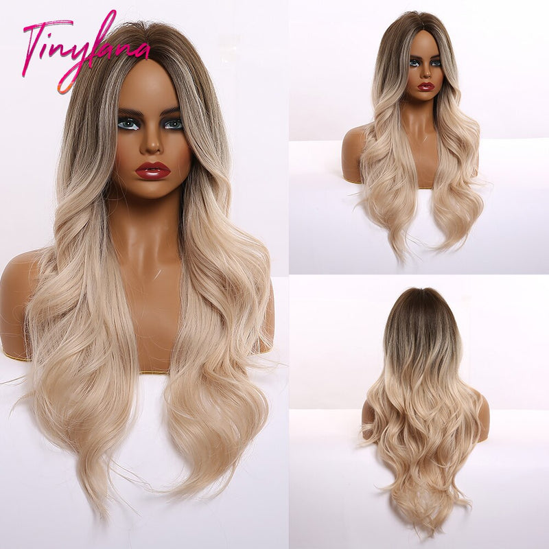 TINY LANA sintético largo Ombre pelucas onduladas marrón Rubio parte media pelucas de Cosplay con flequillo para mujeres pelucas de pelo largo pelo falso