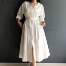 Colorfaith New 2022 Lace Up Oversized High Waist Pleated Dress Women Spring Summer Elegant Chic V-Neck Long White Dresses DR1086