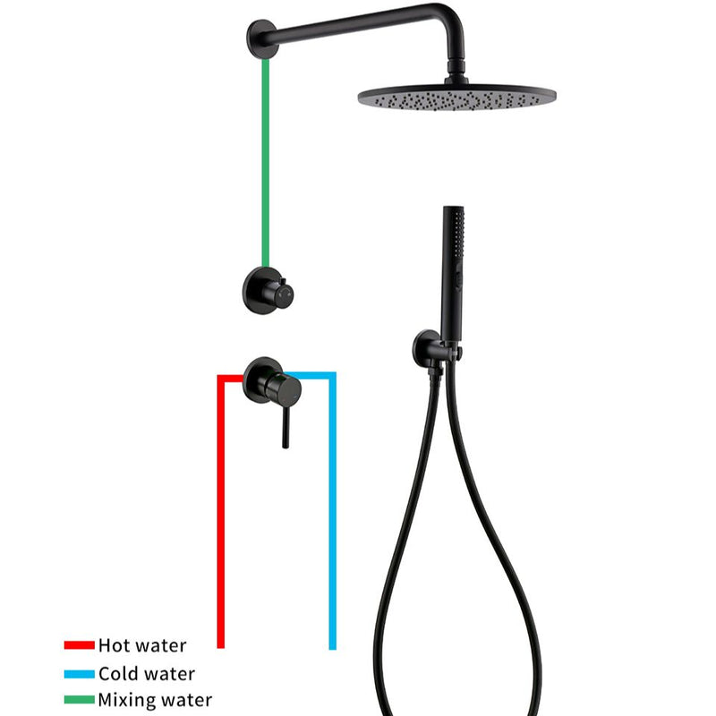 Grifo de baño de latón negro, instalación construida, cabezal de ducha de lluvia, rociador de mano con asiento, interruptor de mezcla de dos funciones y frío caliente