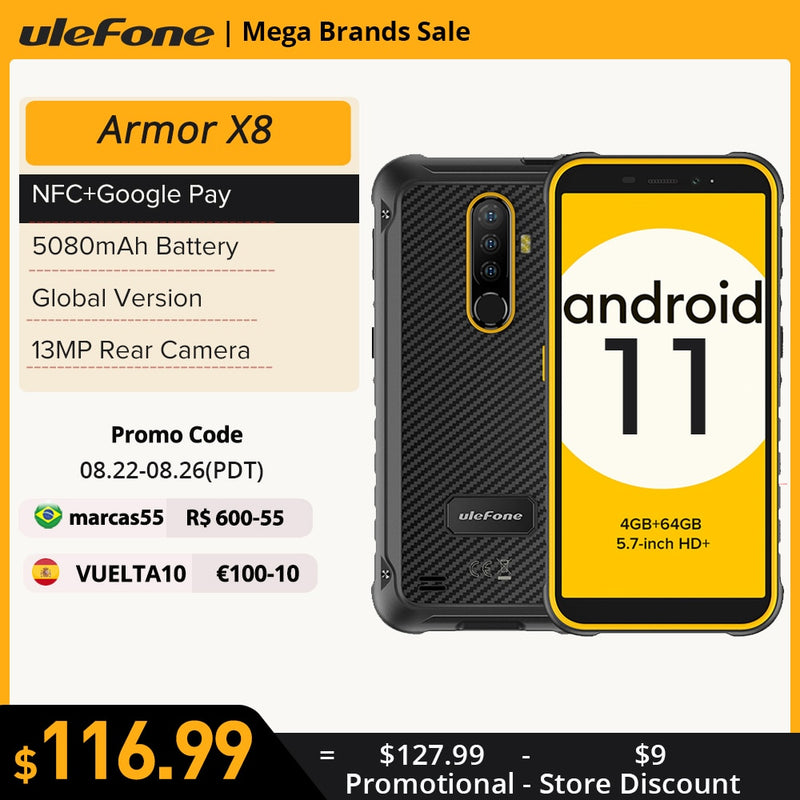 Ulefone Armor X8 Teléfono inteligente resistente al agua Android11 ​​Teléfono celular de 5.7 pulgadas 4GB 64GB ip68 Octa-core NFC 4G LTE Teléfono móvil