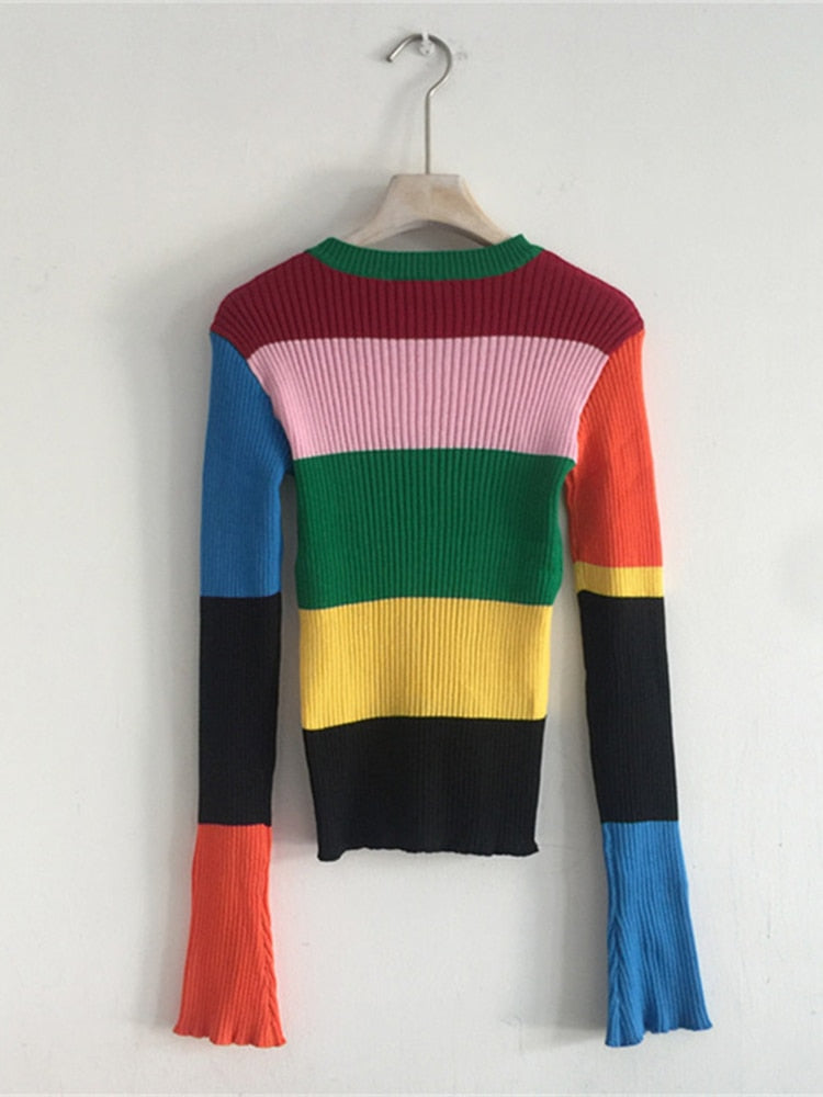 InstaHot Striped Rain Bow Knitted Sweater Women 2018 Autumn Flower O Neck Elastic Stretchy Sweater Cotton Tops Multicolor Winter