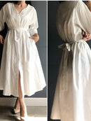 Colorfaith New 2022 Lace Up Oversized High Waist Pleated Dress Women Spring Summer Elegant Chic V-Neck Long White Dresses DR1086