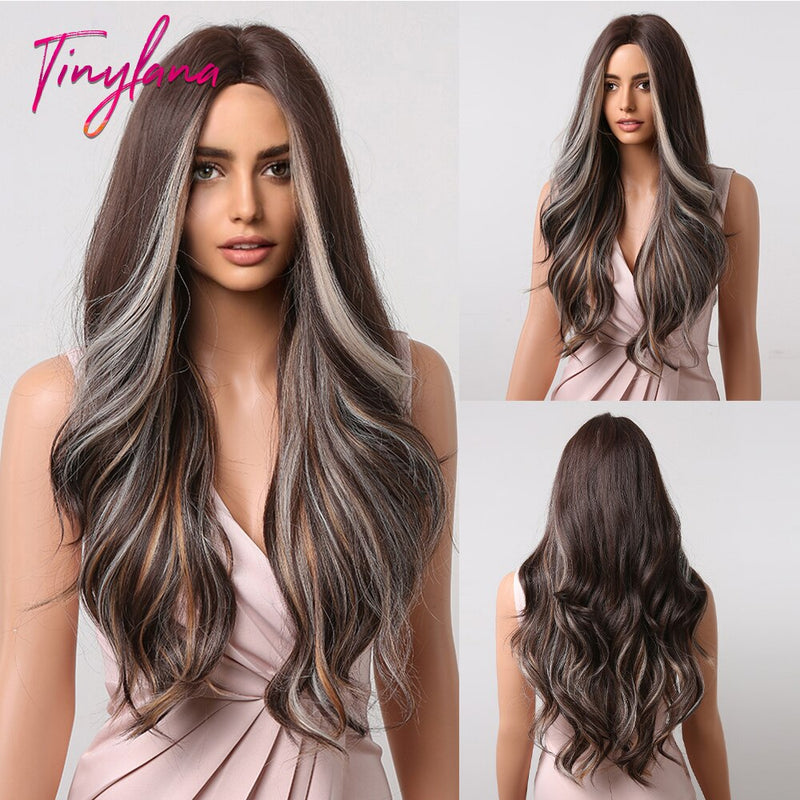 TINY LANA Synthetic Long Ombre Wavy Wigs Brown Blonde Middle Part Cosplay Wigs with Bangs For Women Long Hair Wigs Fake Hair