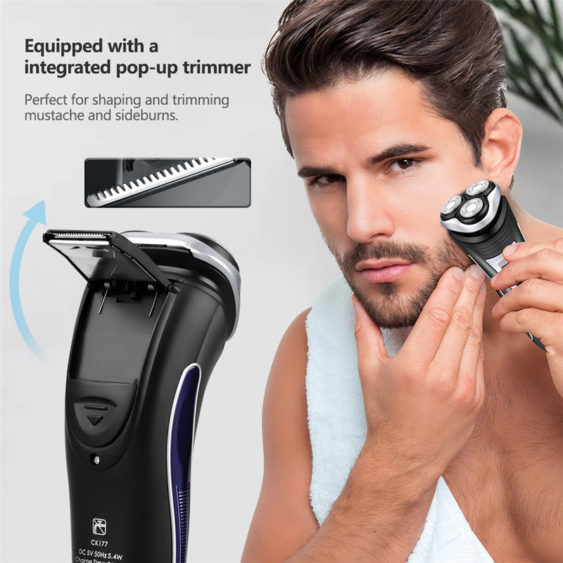 Afeitadora eléctrica recargable CkeyiN, cabezales de cuchilla flotante triple 3D, maquinillas de afeitar, cuidado facial, máquina recortadora lavable para barba para hombres