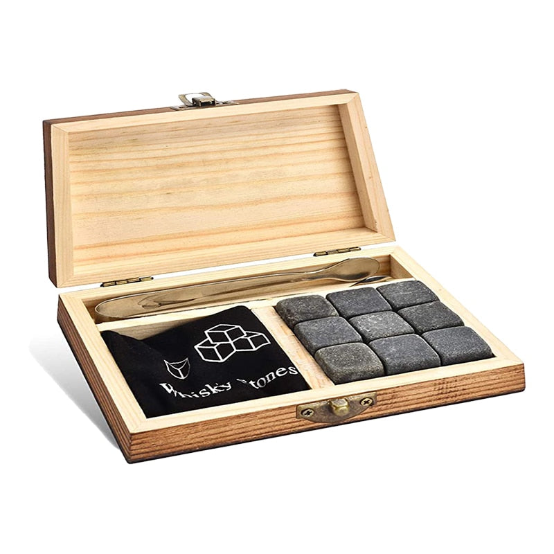 Whiskey Stones Set - 9 Granite Whiskey Rocks / Wooden Box / Velvet Bag / Reusable Cooling Ice Cubes