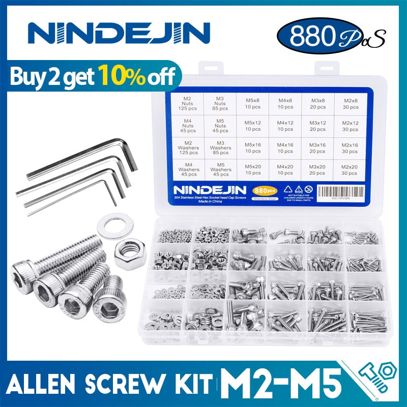 NINDEJIN 580/880pcs Hex Hexagon Socket Screw Assortment Kit M2 M3 M4 M5 Stainless Steel Flat Round Cap Head Bolt and Nut Set