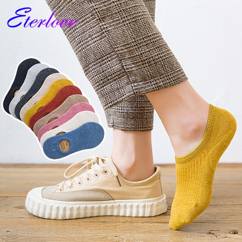 5 Pairs Women Cotton Invisible No show Socks Non-slip Summer Candy Solid Low cut Sock Slipper Fashion Thin Ankle Boat Socks