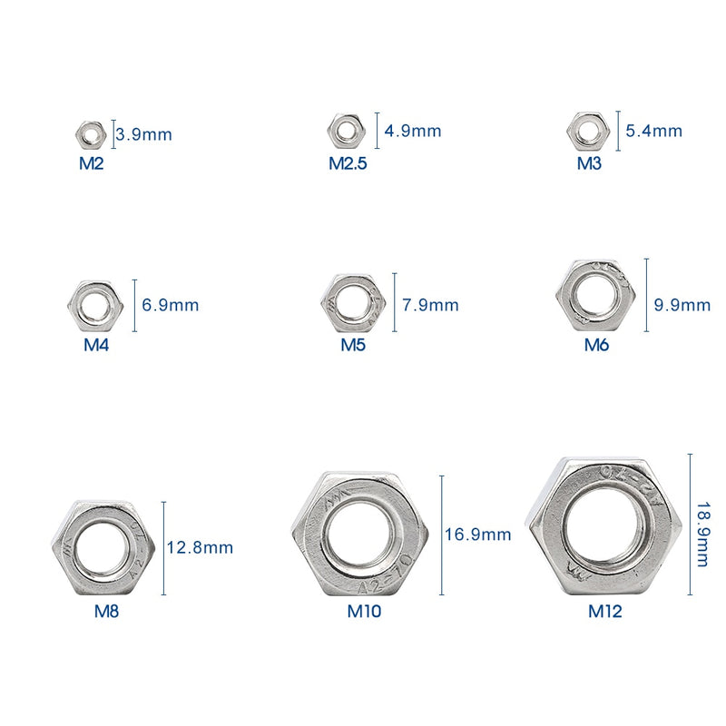 NINDEJIN 326pcs Hex Hexagon Nuts Assortment Kit M2 M2.5 M3 M4 M5 M6 M8 M10 M12 Stainless Steel Metric Hex Nuts Set DIN934