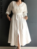 Colorfaith New 2022 Lace Up Oversized High Waist Pleated Dress Women Spring Summer Elegant Chic V-Neck Long White Dresses DR1086