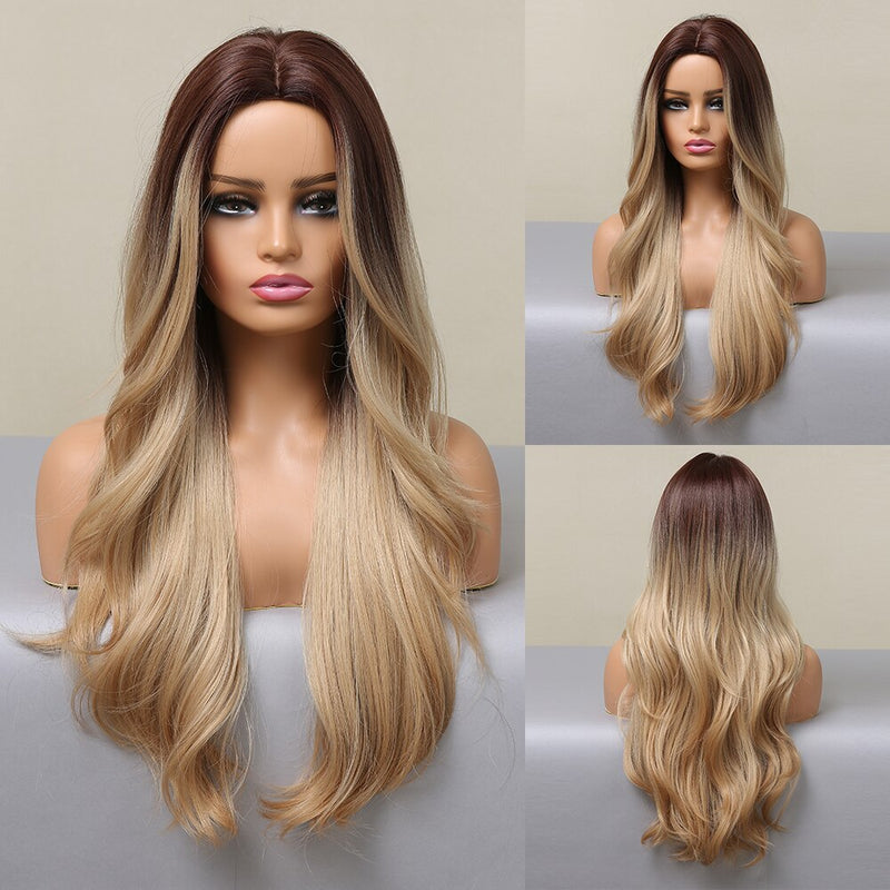 TINY LANA Synthetic Long Ombre Wavy Wigs Brown Blonde Middle Part Cosplay Wigs with Bangs For Women Long Hair Wigs Fake Hair