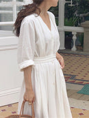 Colorfaith New 2022 Lace Up Oversized High Waist Pleated Dress Women Spring Summer Elegant Chic V-Neck Long White Dresses DR1086