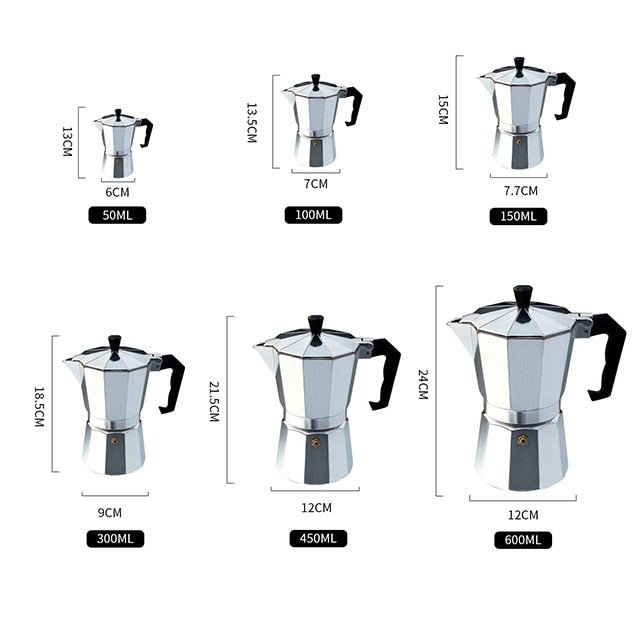 Aluminum Coffee Maker Durable Moka Cafeteira Expresso Percolator Pot Practical Moka Coffee Pot 50/100/150/300/450/600ml