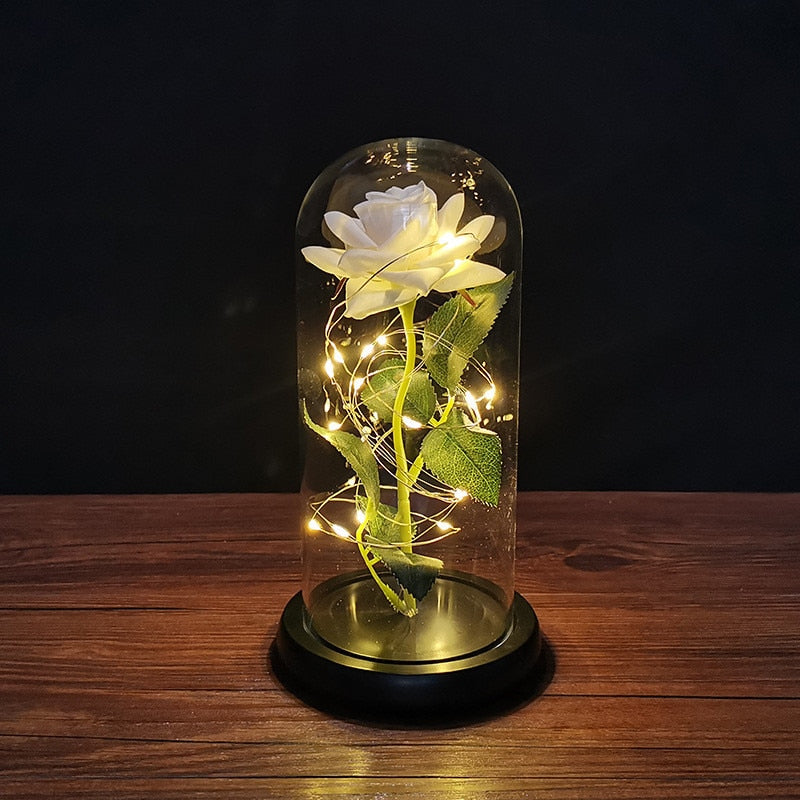 LED Enchanted Galaxy Rose Eternal 24K Gold Foil Flower with String Lights In Dome for Home Decor Christmas Valentine&