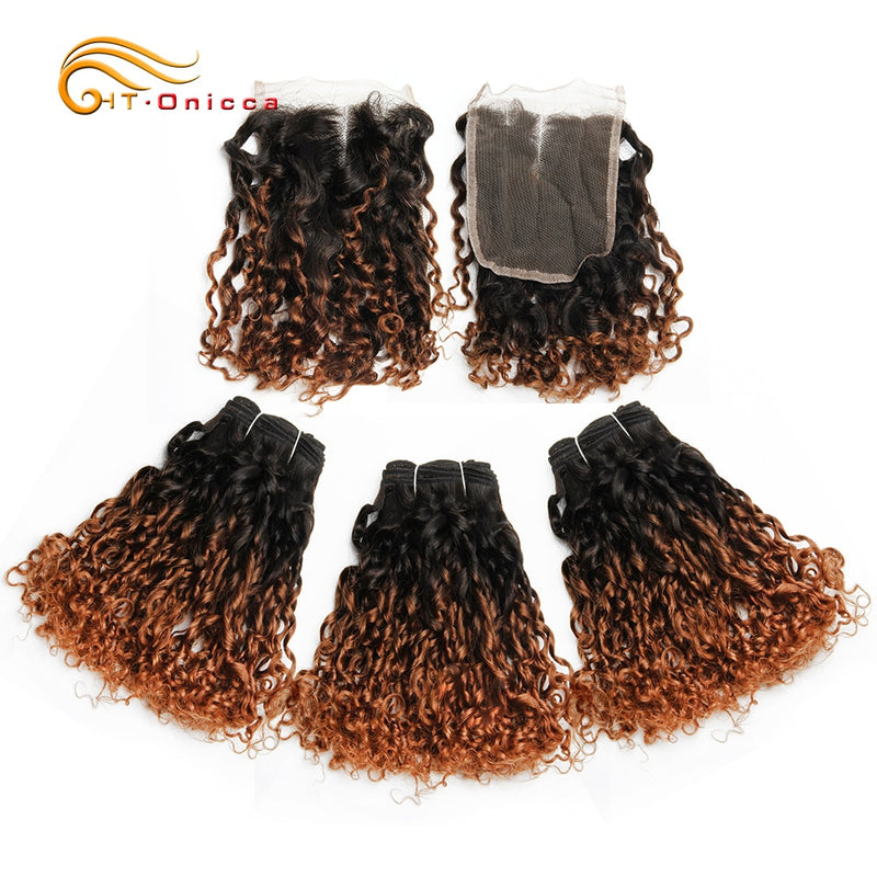 Brazilian Pixie Curls Human Hair Weave Bundles Hair Extensions Ombre Bundles With Closure 1B/30 Remy Hair Bundles With Closure