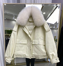 Janveny, chaqueta de plumón de piel auténtica de zorro para mujer, abrigo de plumón de pato blanco 90% holgado corto 2021, prendas de vestir de nieve acolchadas con bolsillos grandes para mujer