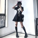 QWEEK Goth Maid Dress Kawaii Gothic Milkmaid  Lolita Outfit Cosplay Costume E Girl Puff Sleeve Bandage Dress 2021 Mall Goth Emo