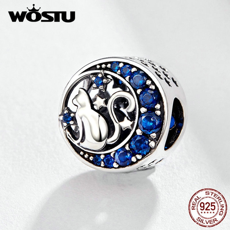 WOSTU Cute Cat Charms 925 Sterling Silver Animal Pussy Zirconia Beads Fit Original pulsera colgante DIY collar joyería