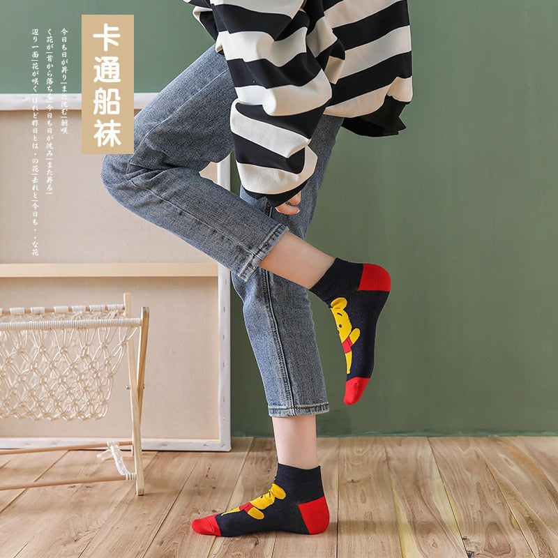 5 par/lote de calcetines de mujer, calcetines casuales de animales de dibujos animados de Corea, calcetines tobilleros de algodón con diseño de pato y ratón para chica, talla 35-41, triangulación de envíos