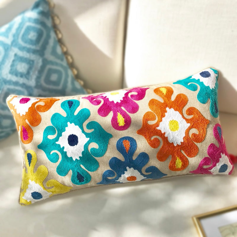 Home Decor Cushion Cover Embroidery Colorful Floral  Ethnic Tassels Boho Style Pillow Cover 30x60cm