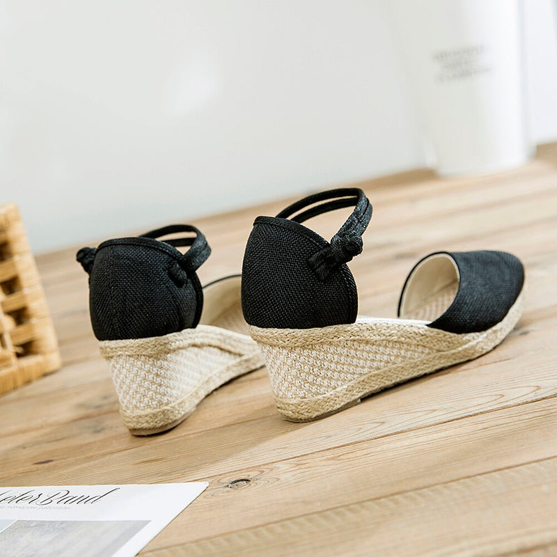 Veowalk, sandalias de lino lisas hechas a mano con retazos para mujer, alpargatas con cuña, plataformas de 6cm, zapatos bohemios, zapatos de verano para mujer