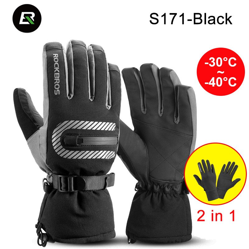 Guantes de ciclismo ROCKBROS de invierno de 40 grados, guantes impermeables de lana para mantener el calor, guantes de pantalla táctil para bicicleta, Moto, esquí, senderismo