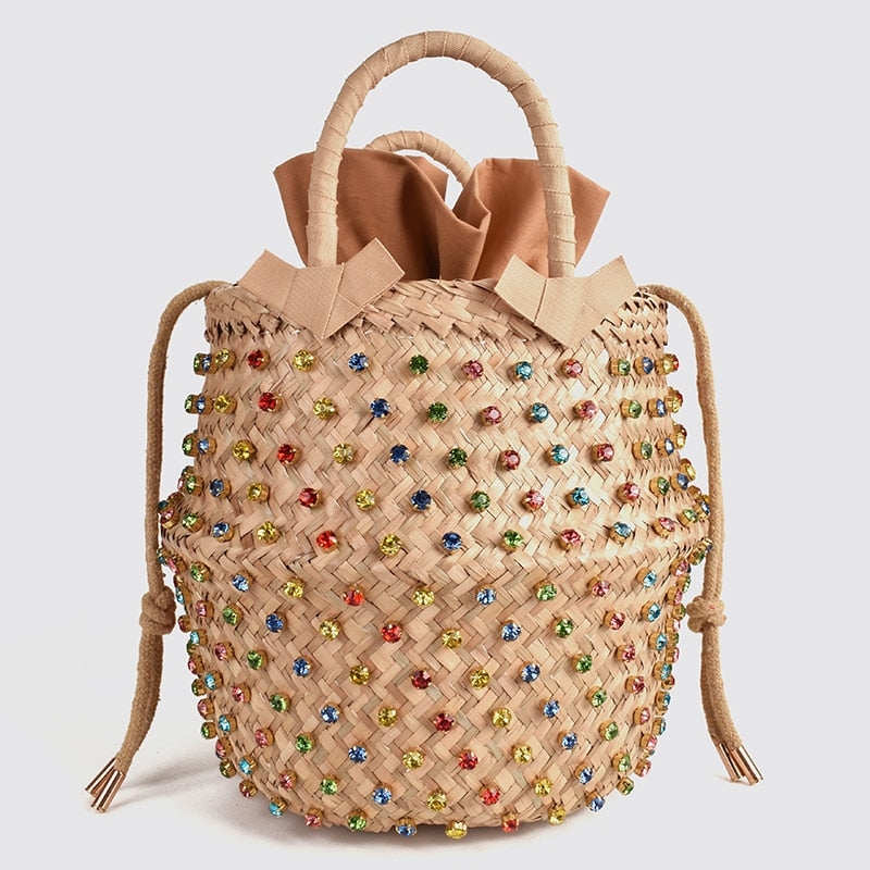 Artmomo Woven Crystal Embellished Tote Bag Rainbow Bucket Bag Women&