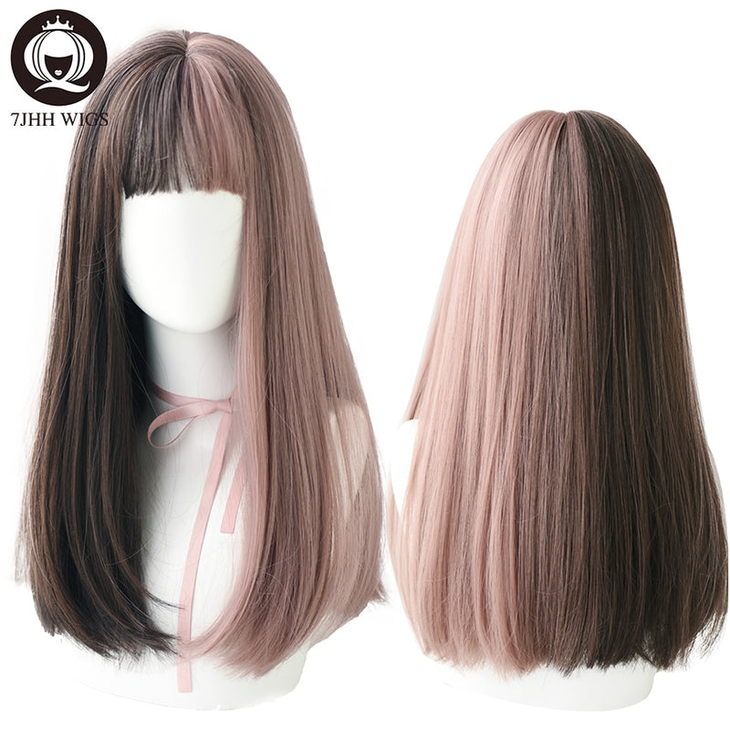 7JHH Long Remy Wig With Bangs Ombre Black Brown Synthetic Lolita Wig For Women High Temperature Wire Heat Resistant Cosplay Wig