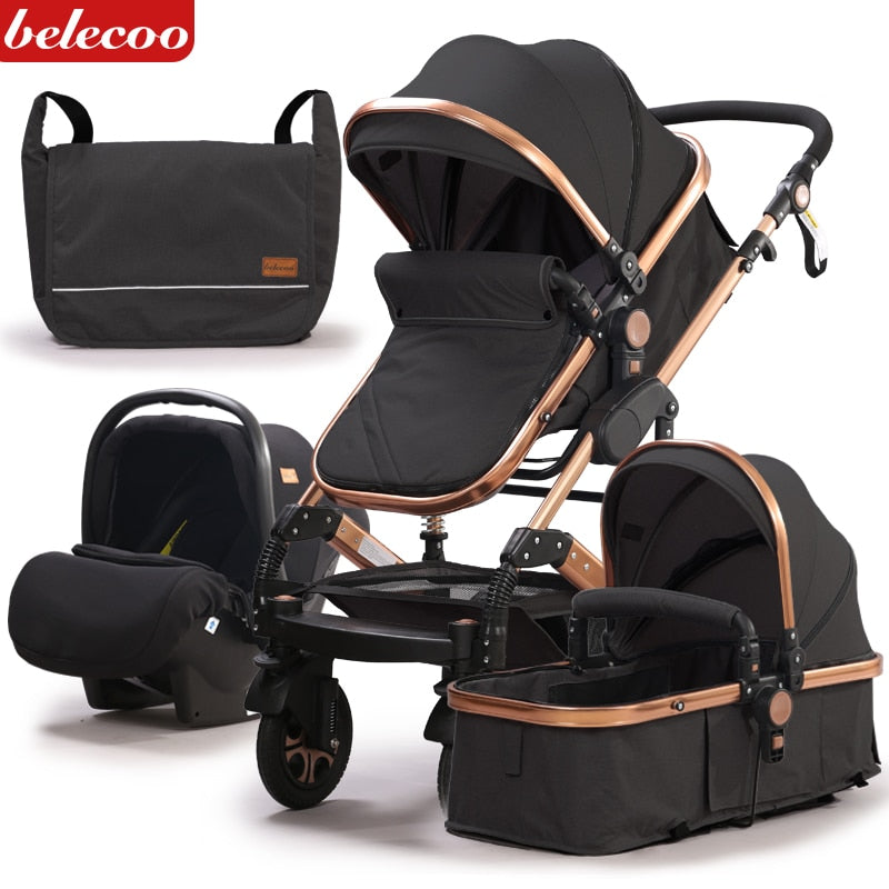 Belecoo Baby Stroller new luxury 3 in 1 travel stroller reclining car seat foldable stroller to send rain cover mother bag